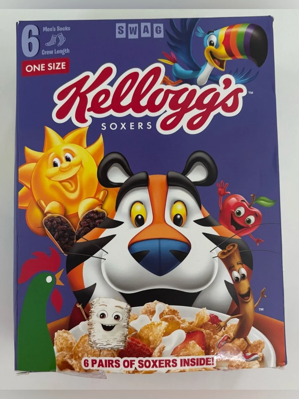 Kelloggs mens crew soxer socks 6 pairs NEW NWT cereal One size
